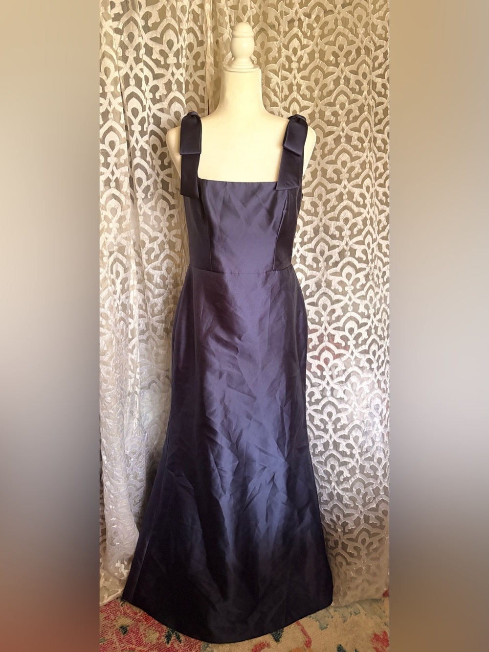 ALFRED SUNG Winslet Navy Satin Square Neck Trumpet Maxi Gown w/ Bow Shoulders 8 - Picture 2 of 8